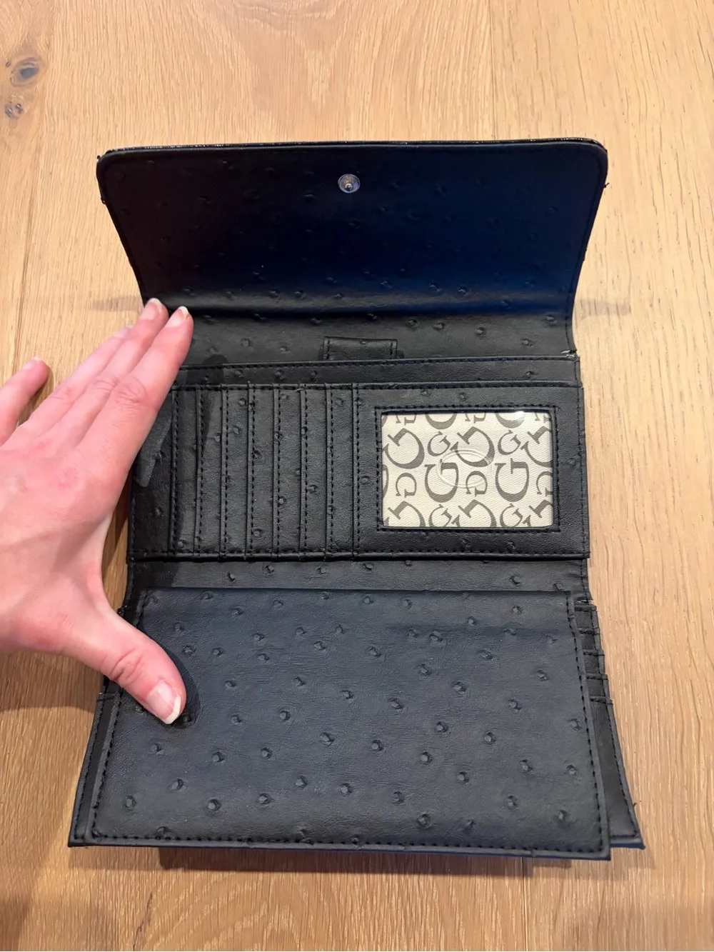 Guess Black Patent Trifold Clutch Wallet with Silver Crystal Logo
